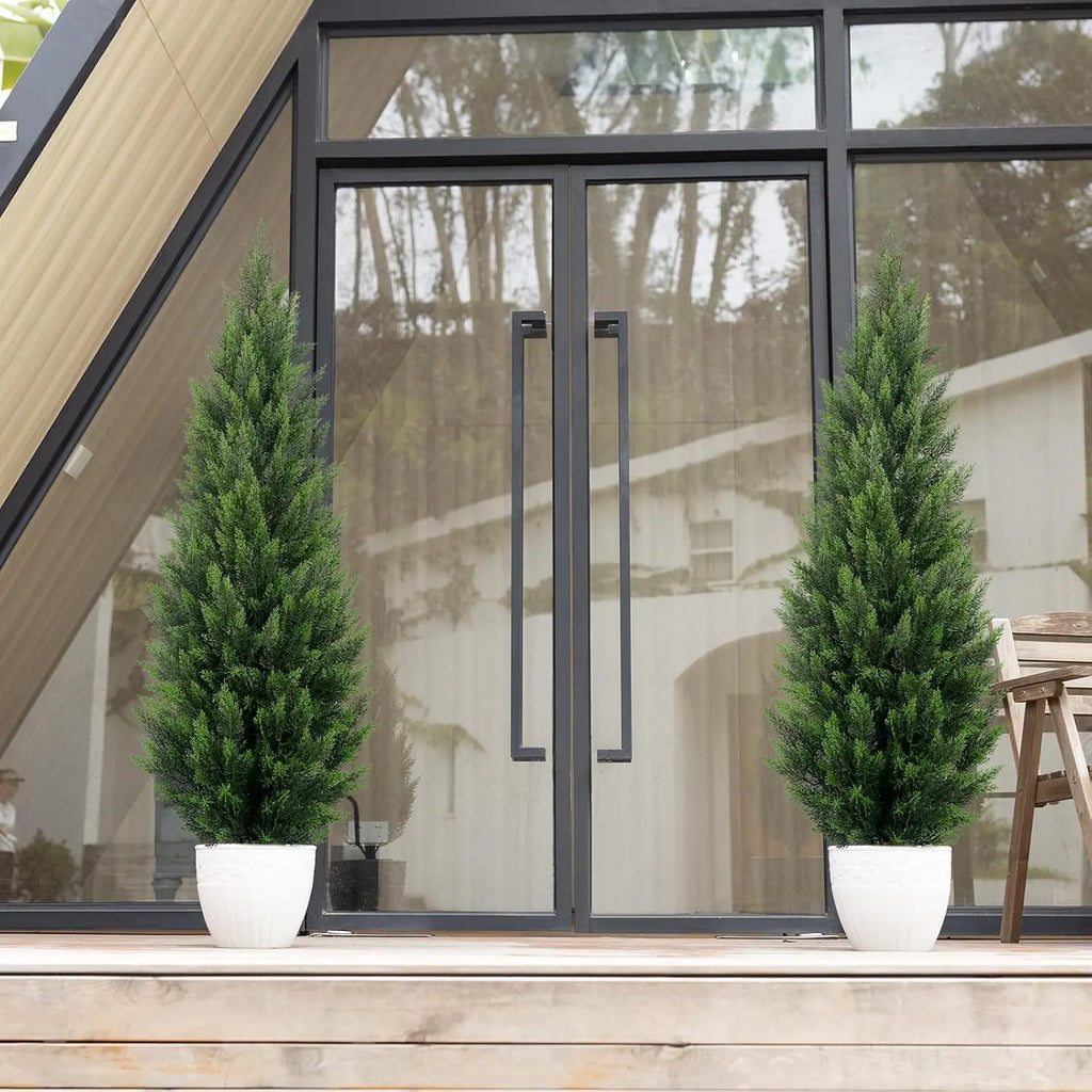 Artificial Topiary Cedar Trees 5FT Tall 2 Set, Outdoor Indoor Faux Pine Shrubs Plants, Realistic Fake Plants Front Porch Decor