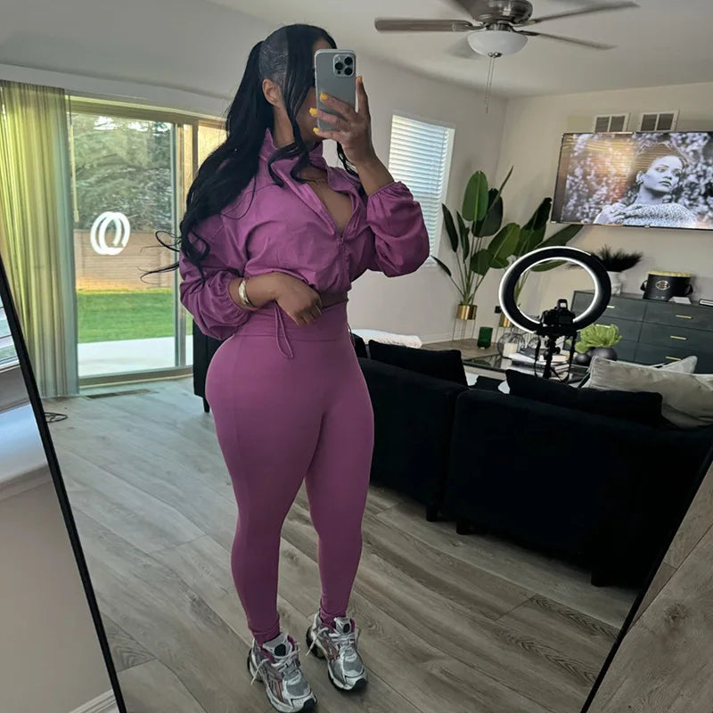 XTOCEAN Autumn Casual Women 2 Piece Set Classic Solid Long Sleeve Drawstring Zip-up Coats + Slim Pants, Female Basic Sporty Outfits