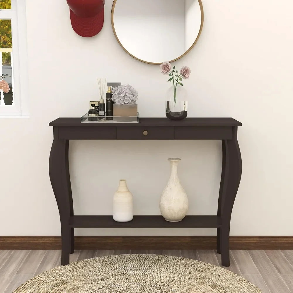 Narrow Console Table with Drawer and Shelves, Chic Accent Sofa Entryway Table, Living Room, Hallway, Espresso
