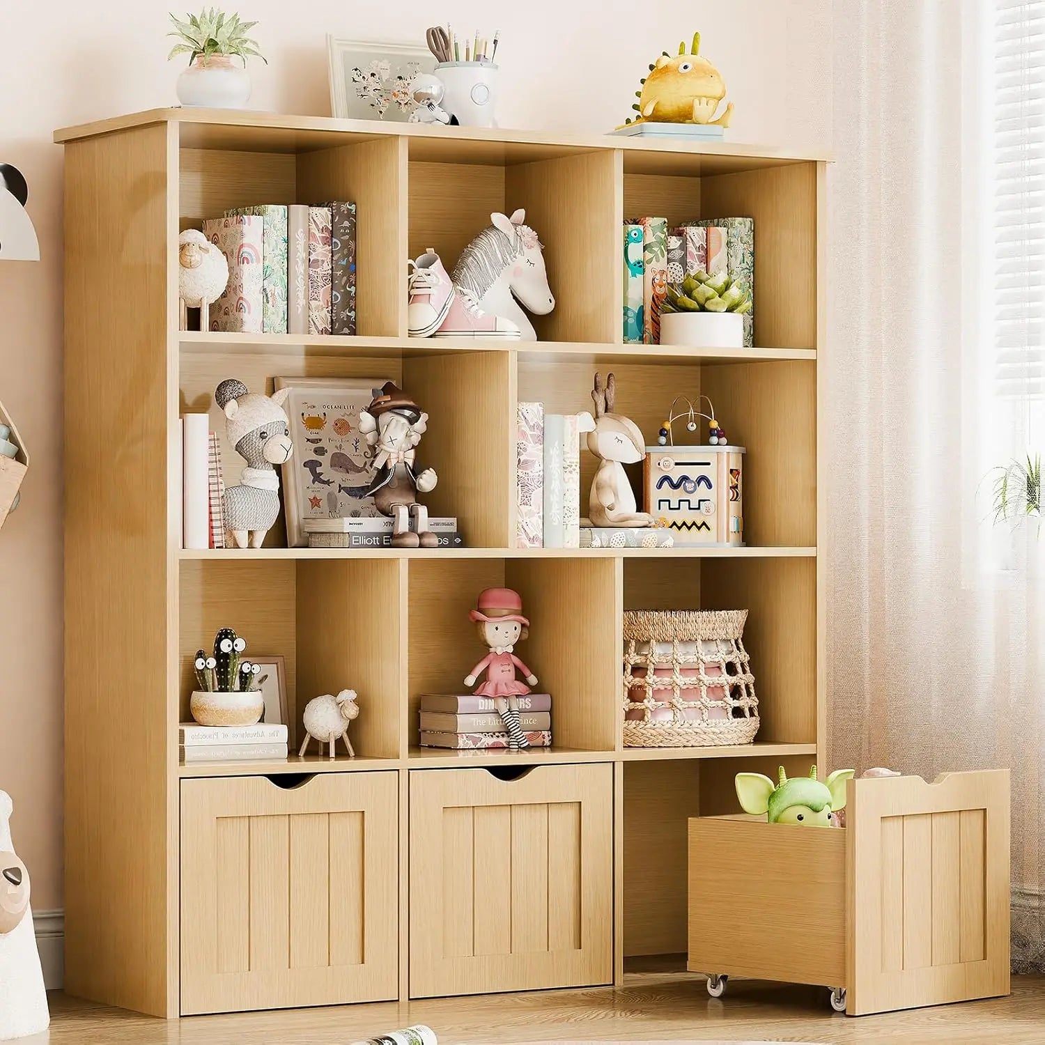 Oak Multifunctional Toy Organizer with 3 Movable Drawers and 8 Storage Cubbies, Kids Bookshelf and Toy Chest Shelf Organizer