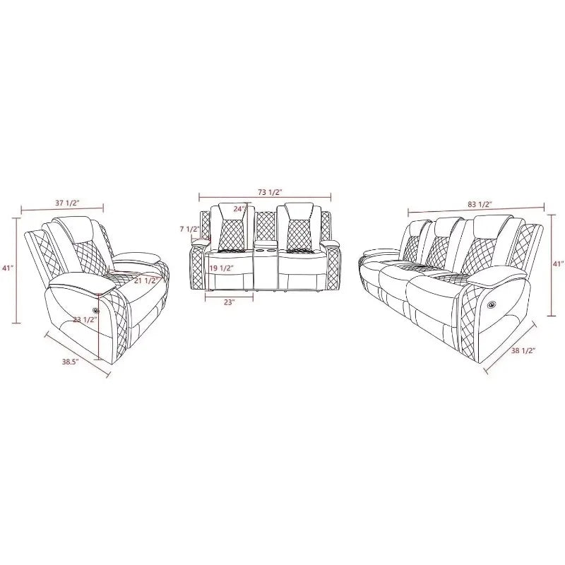 Multifunction Power Air Leather Recliner Sofa Set with LED Lights, Living Room Furniture, Reclining Sofa, Loveseat