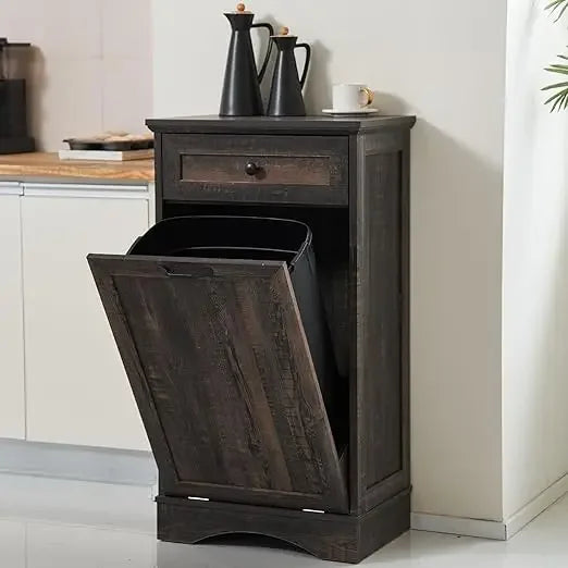 13 Gallons Tilt Out Trash Cabinet, Freestanding Kitchen Trash Bin Cabinet, Wood Garbage Recycling Cabinet with Hideaway Drawer