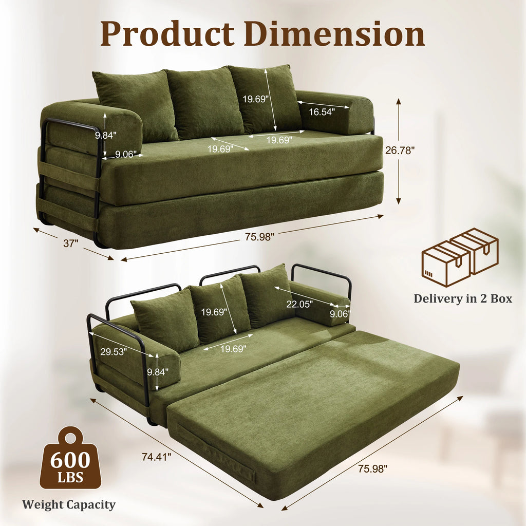 Convertible Sofa Bed with Pillows Modular Floor Sofa with Fixed-Shape Frame Chenille, Removable Folding Mattress Couch