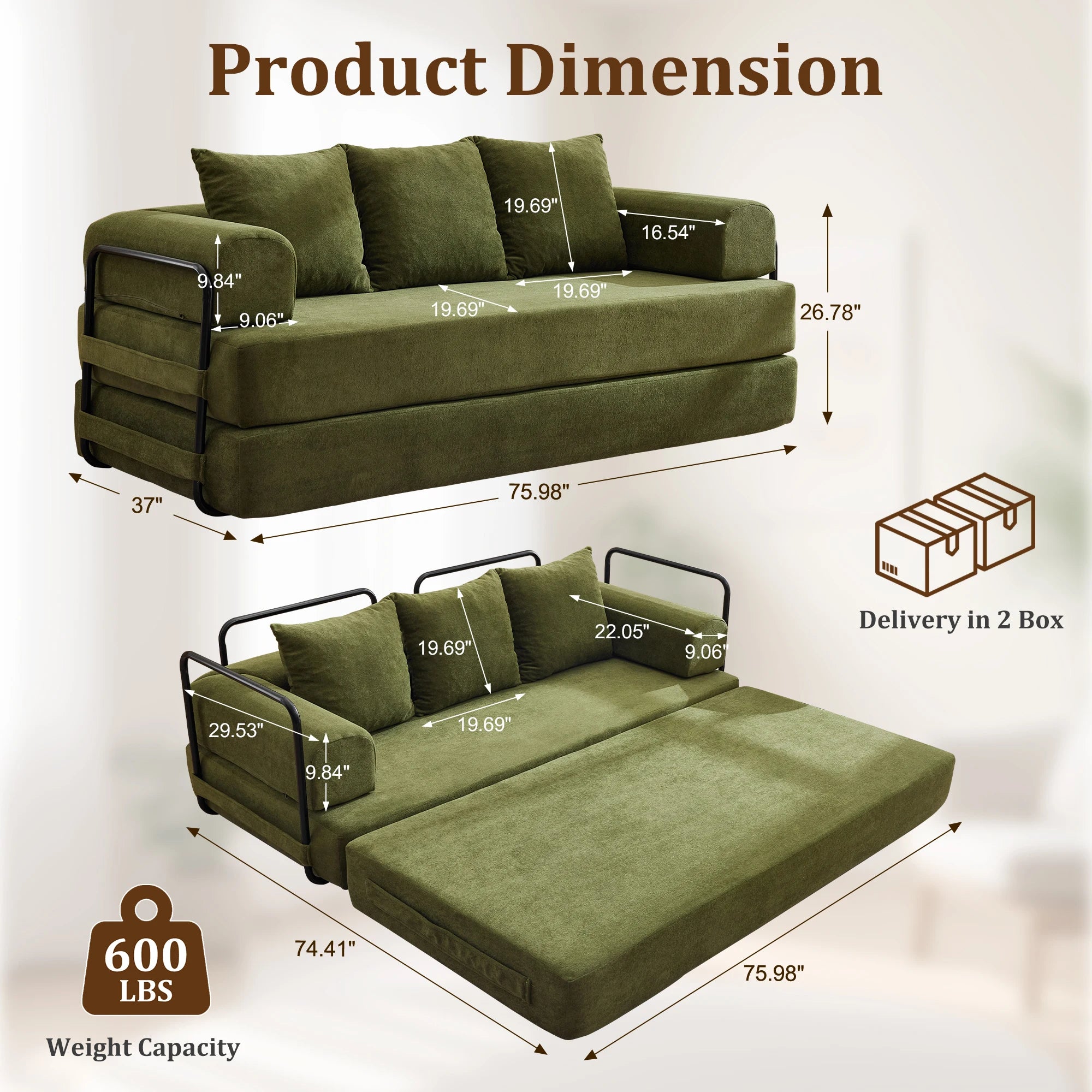 Convertible Sofa Bed with Pillows Modular Floor Sofa with Fixed-Shape Frame Chenille, Removable Folding Mattress Couch