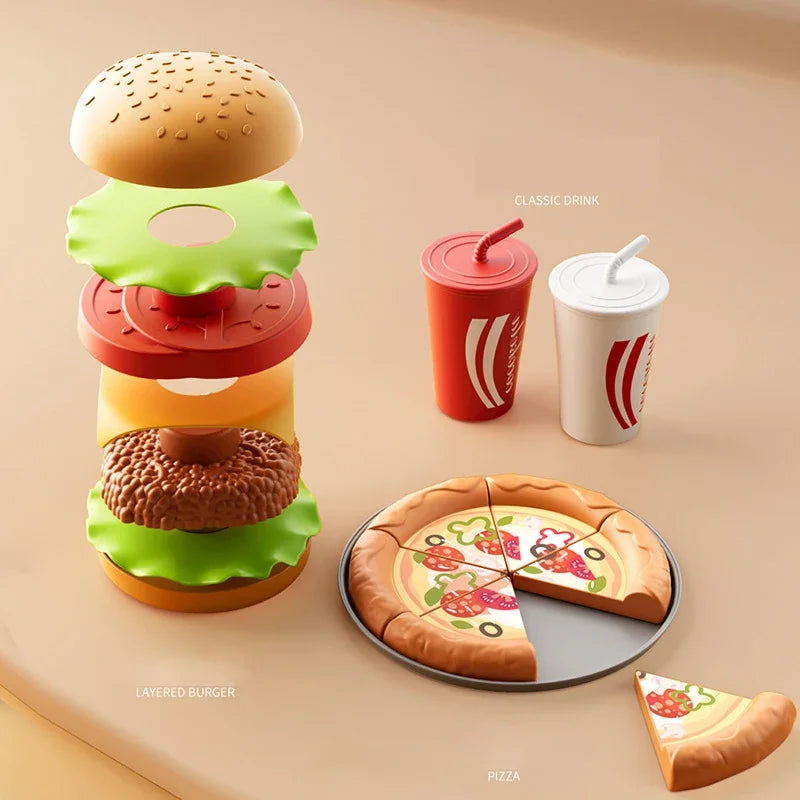Kid Kitchen Toy Set /Simulation/ Make Hamburgers, Pizza, Fries, Pretend Play Food Cooking/ Cutting Game/ Montessori Interactive Toy Gift