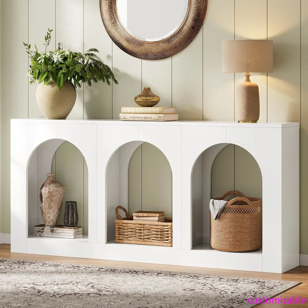 70.9" White Console Table with Storage, Wood Entryway Entry Table with 3 Arched Shelves for Foyer, Hallway, Living Room