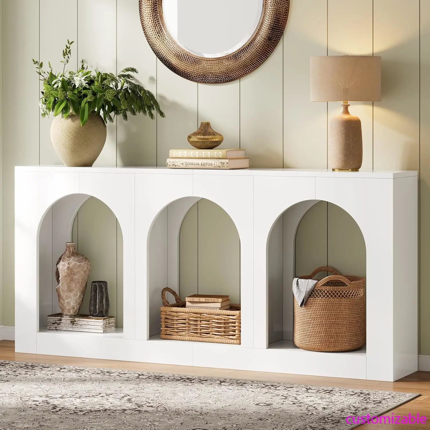 70.9" White Console Table with Storage, Wood Entryway Entry Table with 3 Arched Shelves for Foyer, Hallway, Living Room