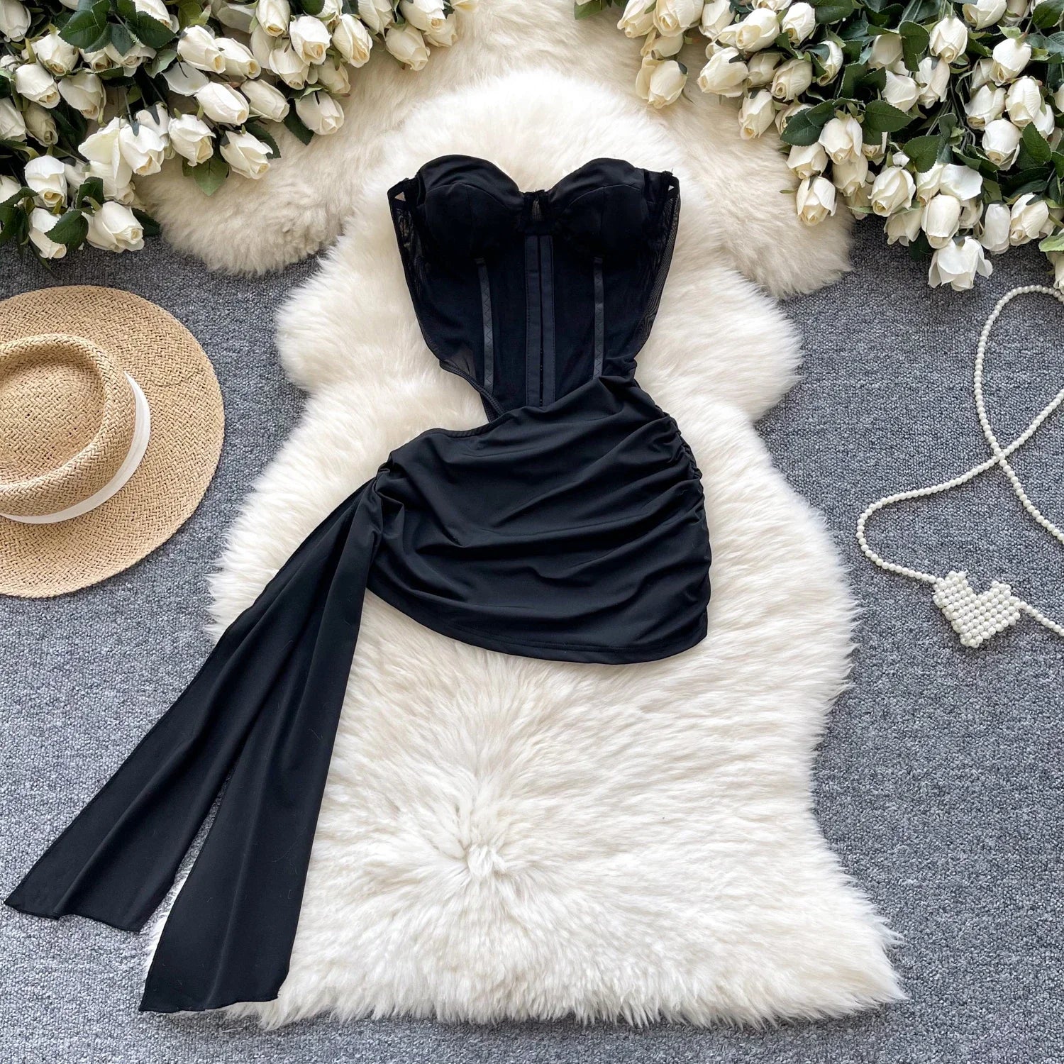 American Sexy Hollowed-out Waist Tube Top Dress for Women/ Pleated Waist Hip-Wrapped Streamer Short Dress