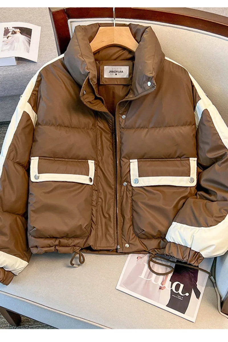 Y2K American New PU Fashion Solid Color Stitching Short Leisure Sports Cotton-padded Jacket Female Joker Loose Leather Coat