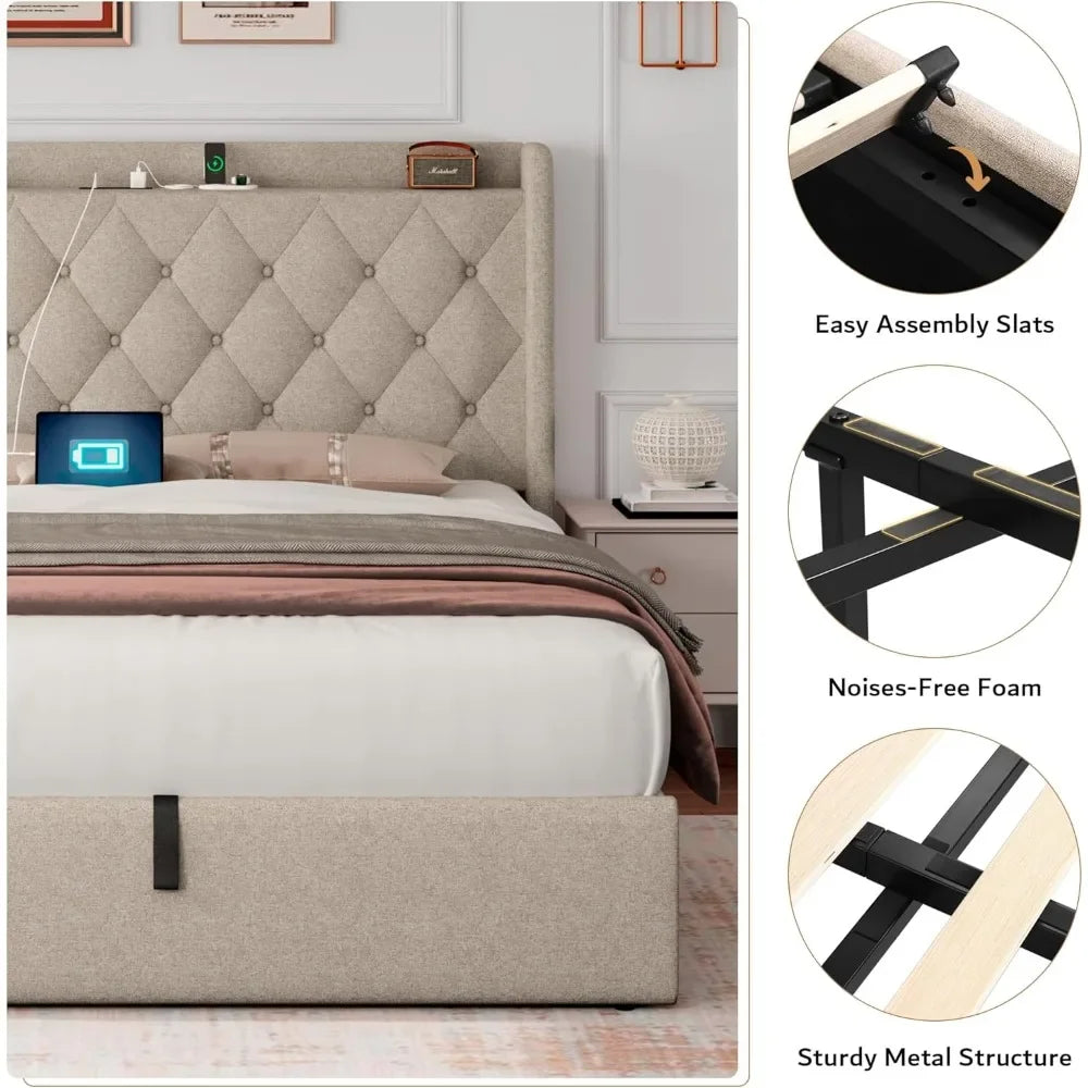 Queen Size Lift Up Storage Bed Frame with Charging Station, Upholstered Platform Bed Frame with Tufted Headboard, Hydraulic