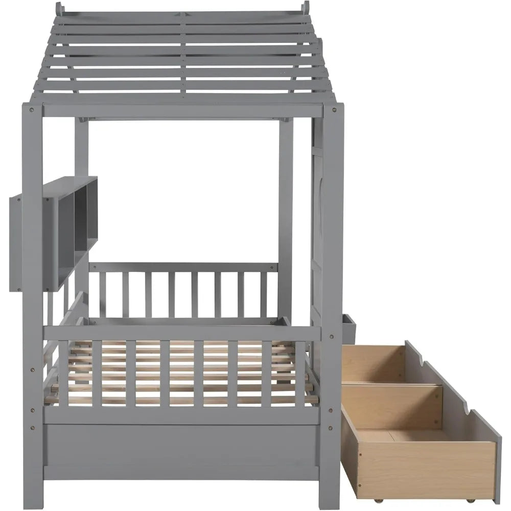Twin-Sized Storage Drawer Bed Frame with Shelves, Wooden Kids' House Bed with Roof for Boys and Girls