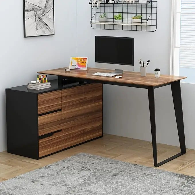 Corner Computer Desk with 3 Drawers, 2 Shelves & 2 Doors - 55" L-Shaped Desk for Study and Writing