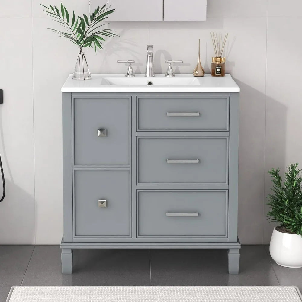 30" Solid Wood Bathroom Vanity with Ceramic Sink and Multi-Function Storage