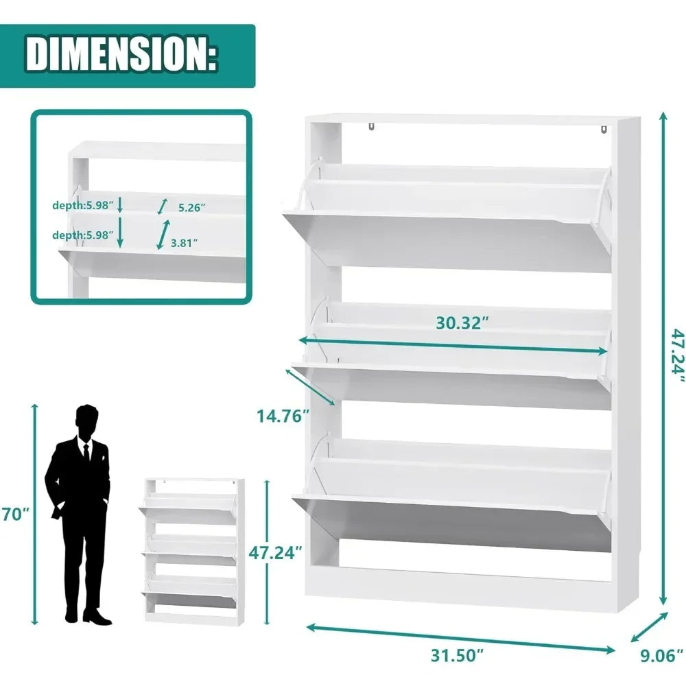 Shoe Storage Cabinet for Entryway with 3 Flip Drawers, Sturdy Wood Hidden Shoe Storage, Freestanding Narrow Slim Shoe Organizer