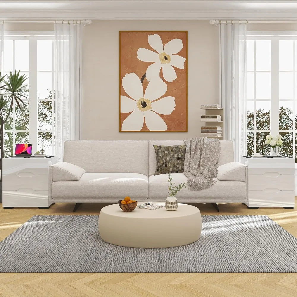 White Smart Nightstand with Wireless Charging Station & Adjustable LED Lights, High Gloss End Table with 3 Drawers & USB Charging