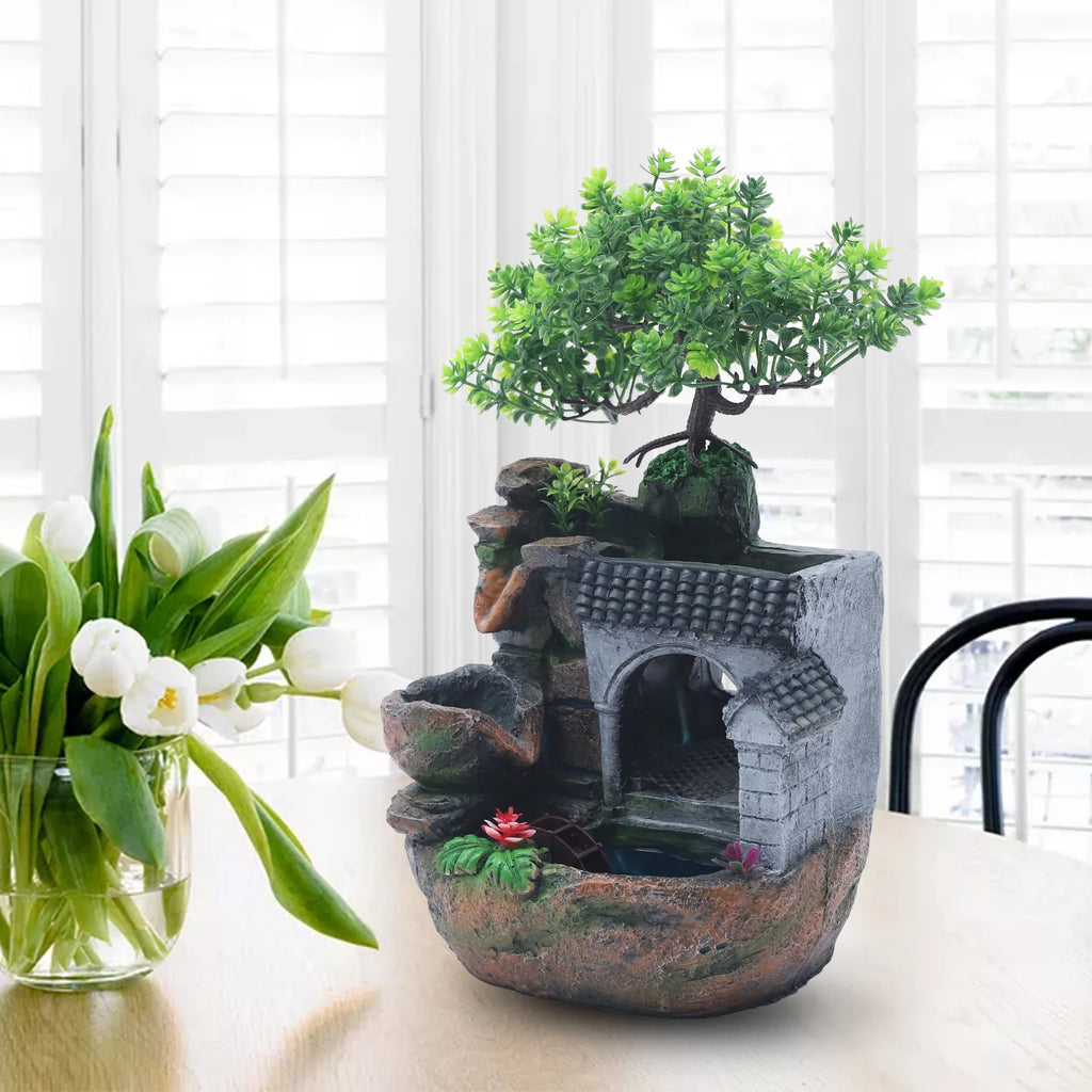 Tabletop Water Fountain with LED Light, Desktop Ornaments Resin Rockery Ornament for Office/ Living Room/ Desk Decor