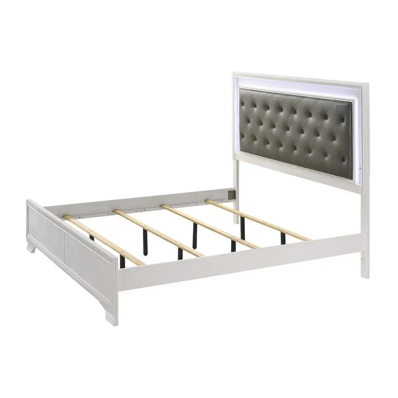 Modern White Crocodile Skin Finish King Size LED Panel Bed Faux Diamond Tufted Bedroom Furniture Set