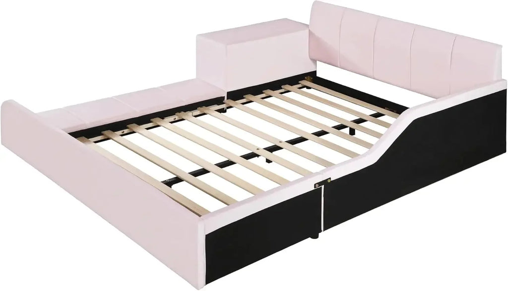 Velvet Upholstered Grounded Bed Platform Bed, Wooden Full Size with Bedside Desk and Little Round Stool