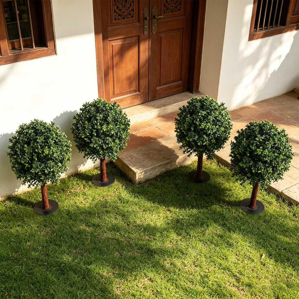 Set of 4 Artificial Boxwood Topiary Ball Trees, 25.6in Faux Potted Plants, UV Resistant, Outdoor Fake Shrubs with Ground Spikes, Realistic Green Foliage, No Fade, No Maintenance, Easy Install, for Garden, Patio, Porch, Home,