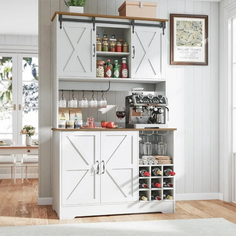Kitchen Pantry Cabinet with Sliding Doors/ Microwave Storage/ Coffee Bar/ Adjustable Shelves/ Wine Rack/ Cup Hooks/ Farmhouse