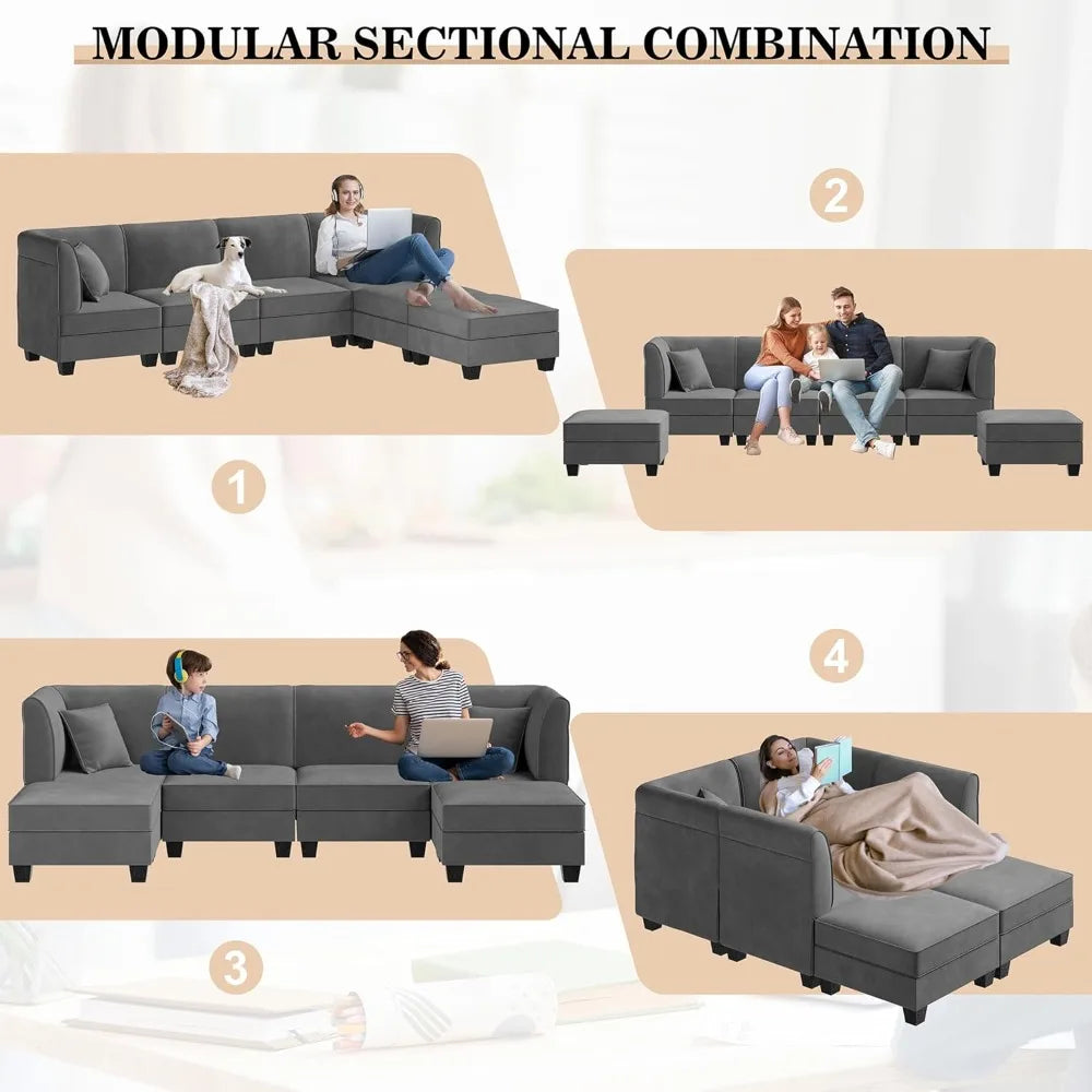 Large 6-Seat Velvet U-Shaped Sectional Sofa with Reversible Chaise, 116" for Living Room