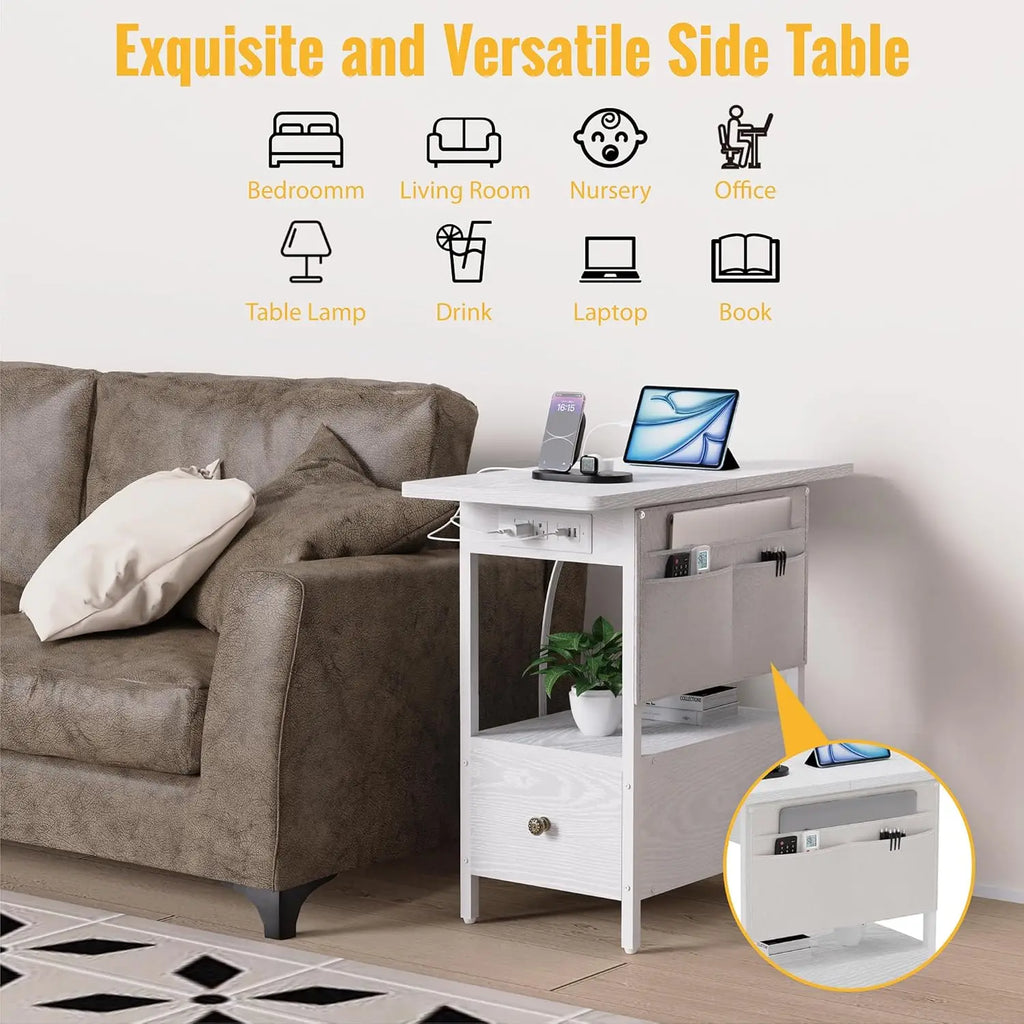 Small Side Table with Charging Station, Narrow Nightstand Bedside Tables with Storage Pocket for Living Room Bedroom, Sofa End Table