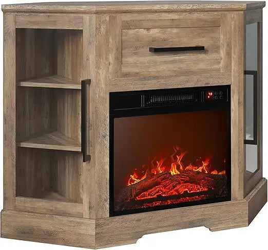 43" Corner TV Stand with 18" Electric Fireplace Heater for TVs up to 43", Modern Corner Wood Entertainment Center