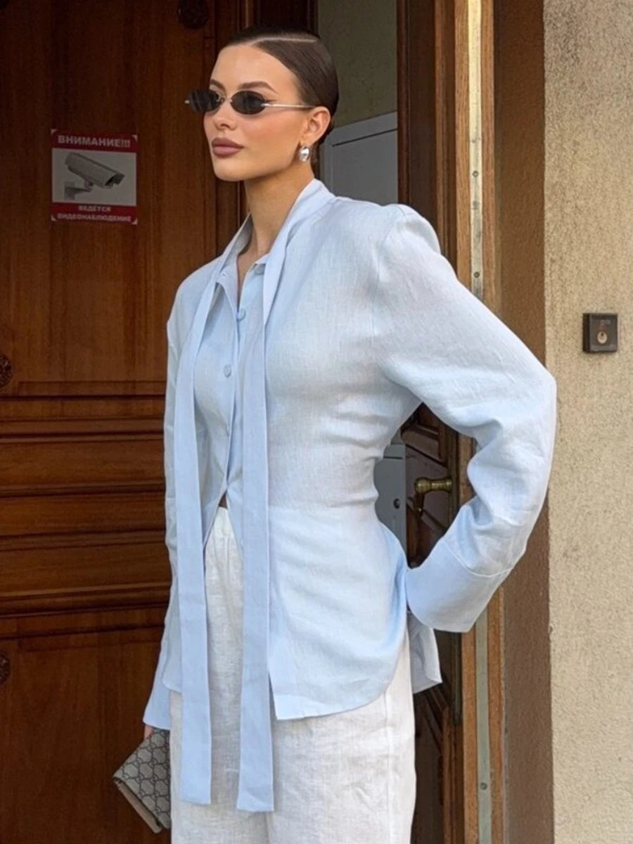 New Autumn Tie Belted Shirt Women's  Floating Ribbon Cardigan Top Commuting 100% Cotton Slim Blouse