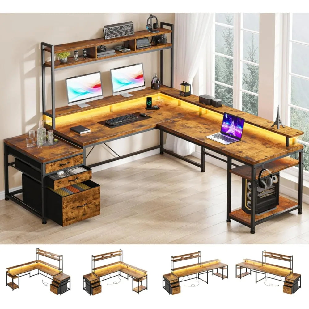 Dual-Sided L-Shaped Desk with Hutch, Drawers and Monitor Shelf