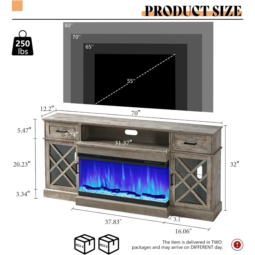 Farmhouse LED Fireplace TV Stand with 3-Sided Glass Fireplace, 70" Large Entertainment Center for TVs up to 80", Rustic TV Console