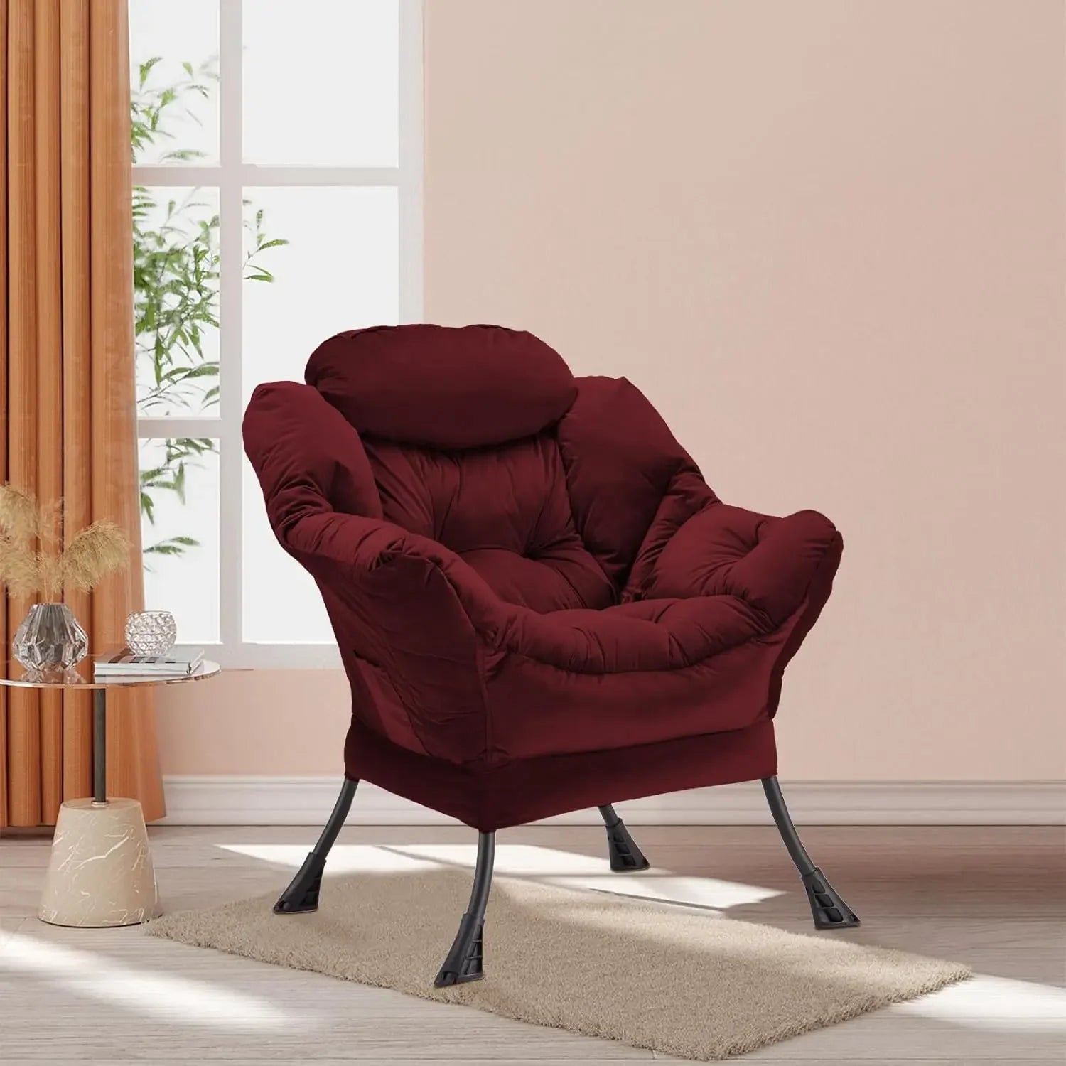Lazy Chair Thick Padded, Accent Chair Velvet Upholstered with Wide Seat, Stable Metal Frame