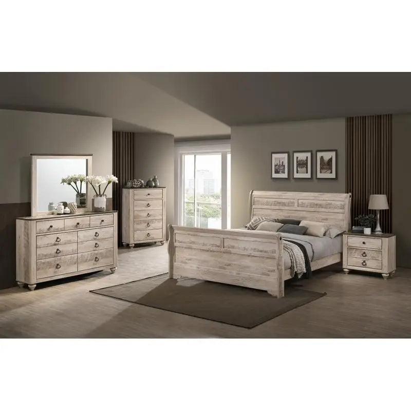 Contemporary White Wash Finish King Sleigh Bed Bedroom Set with Dresser, Mirror, 2 Nightstands, and Chest