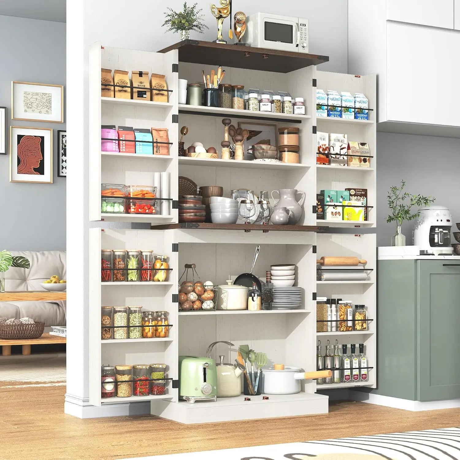 Farmhouse Kitchen Pantry Cabinet, 71" Tall Storage Cabinet with Adjustable Shelves & 4 Barn Doors & Drawer, Rustic Wood