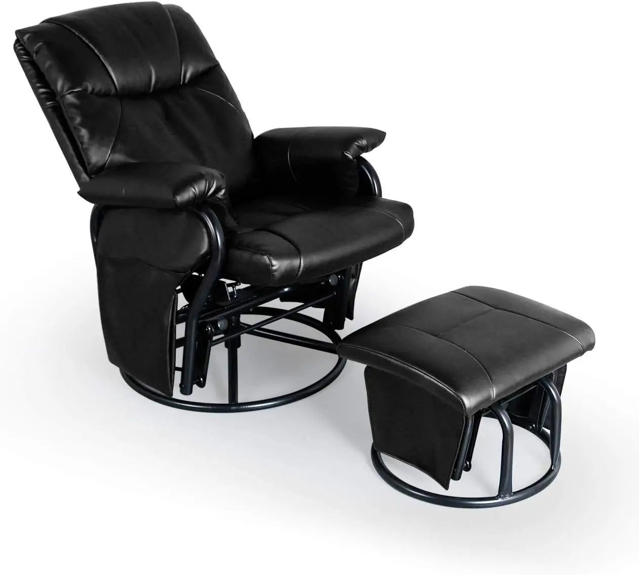 Glider Chairs Rocking Chair with Ottoman 360° Swivel Chair PU Leather Upholstered Armchair Lounge Chair Sliding Chairs Set/Black