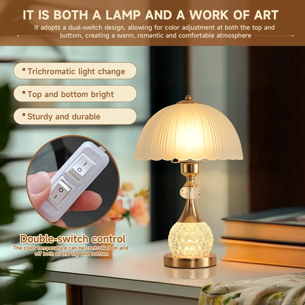 Bedside Table Lamp/ Petal Light Luxury Crystal Push Button Switch/ Bedroom/ Living Room/ Den Control Dimming Warm Atmosphere-Decorative