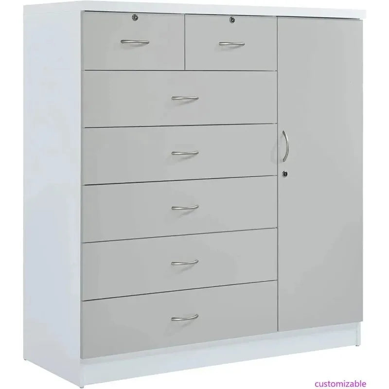 7-Drawer Large Chest with 5 Big Drawers, 2 Small Drawers, Locks, Hanging Rod, and 3 Shelves in Grey-White