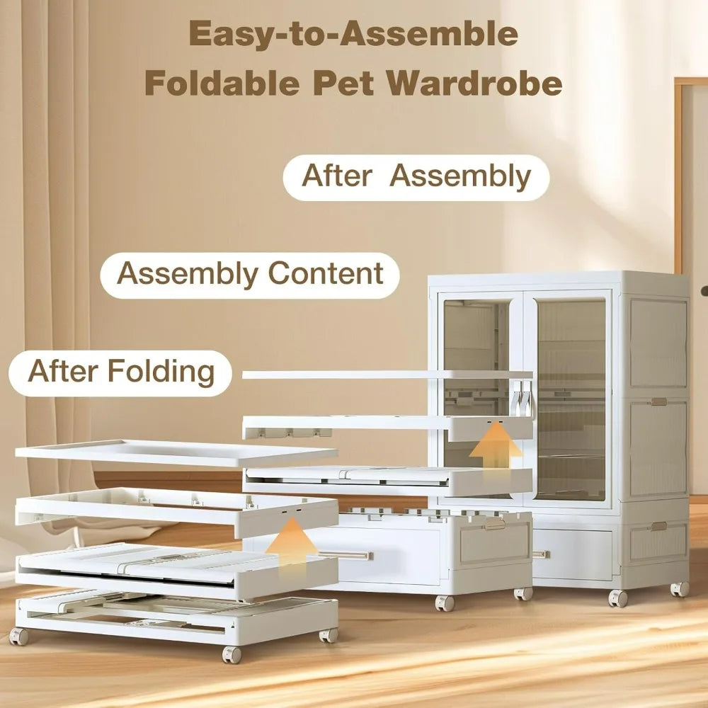 Stackable Pet Wardrobe with Storage Bins, Doors, Wheels, and Hanging Rods for Dog Accessories and Toys