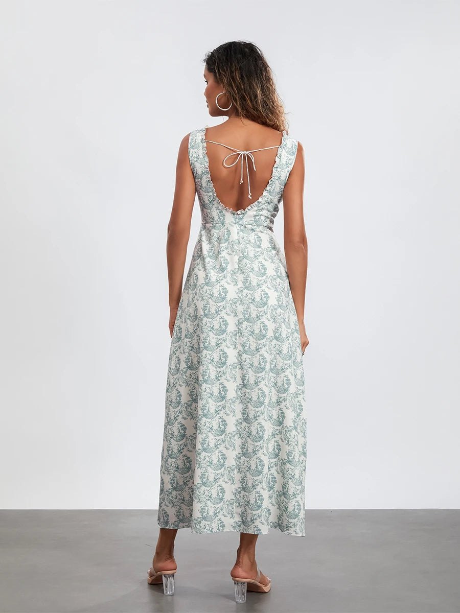 Women’s Floral Long Dress Sleeveless Deep V Neck Cross Tie-up /Front High Split Dress For Spring and Summer