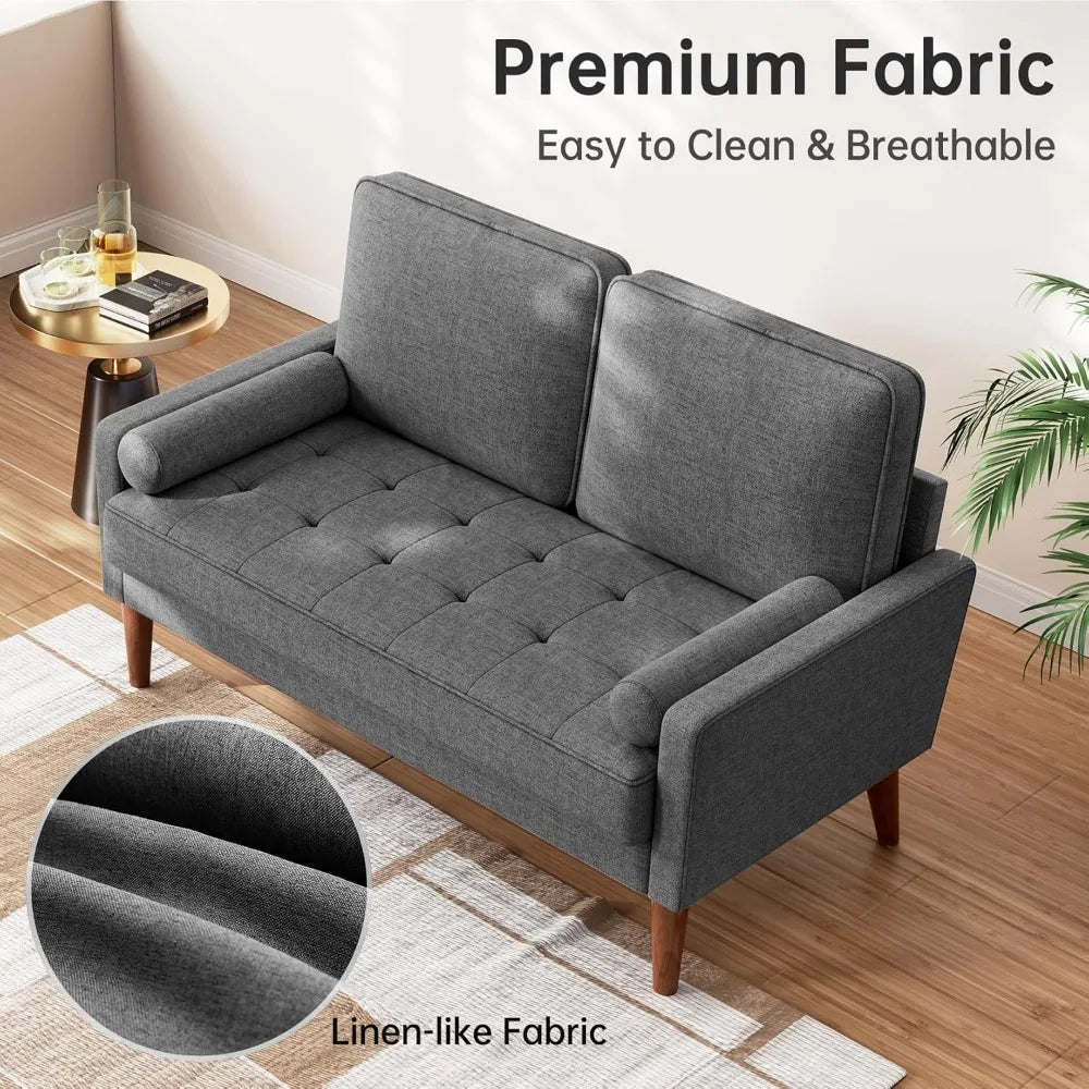 48" Sofa Loveseat, Mid Century Couch for Small Spaces, Bedroom and Living Room, Removable Cover Spring Cushions, Solid Wood Fram