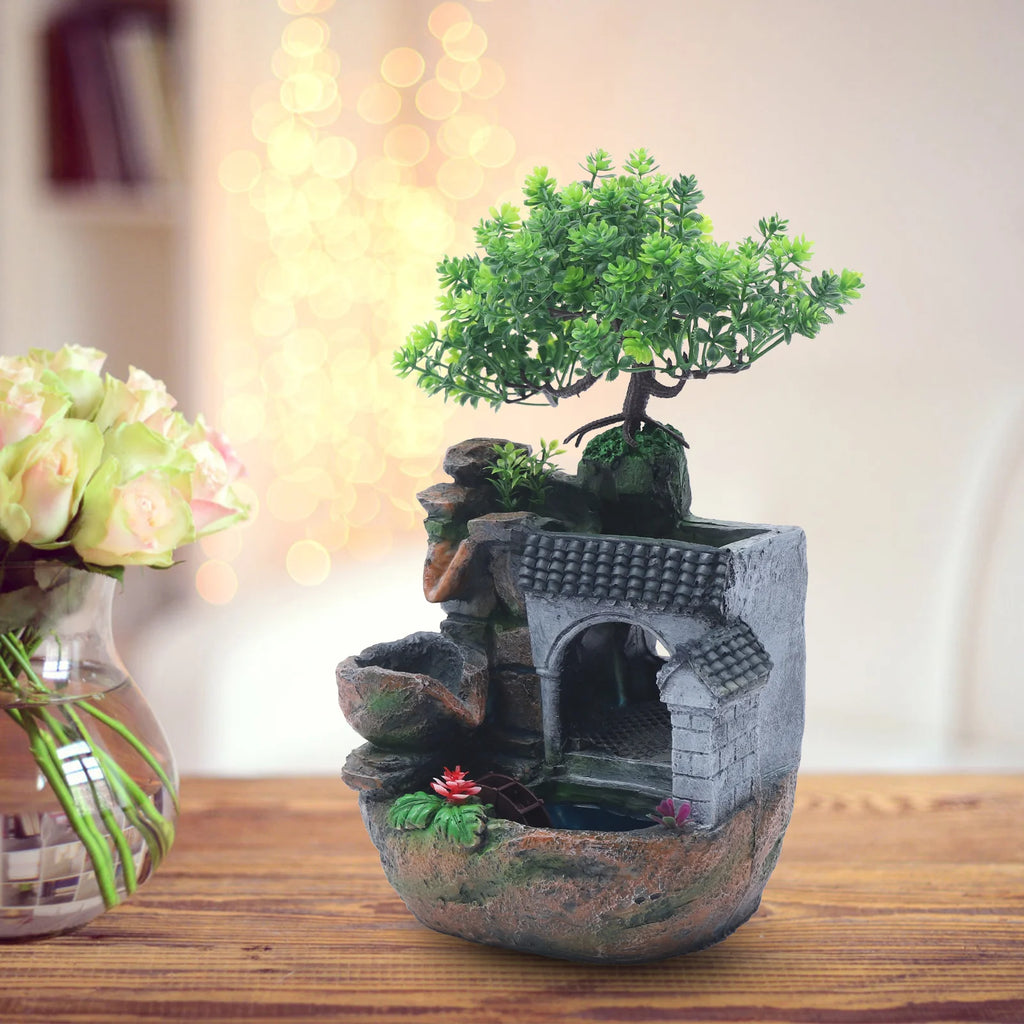 Tabletop Water Fountain with LED Light, Desktop Ornaments Resin Rockery Ornament for Office/ Living Room/ Desk Decor