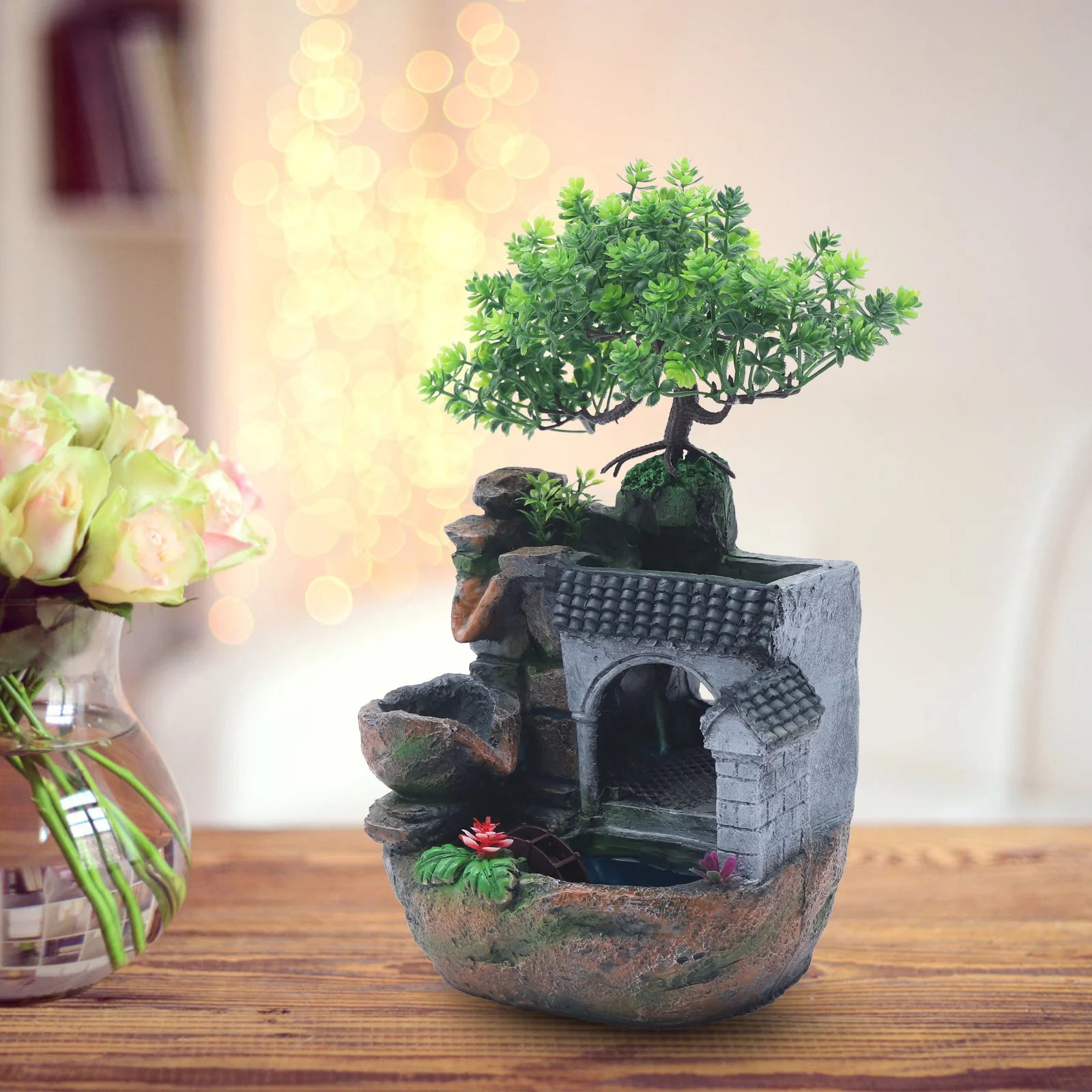 Tabletop Water Fountain with LED Light, Desktop Ornaments Resin Rockery Ornament for Office/ Living Room/ Desk Decor