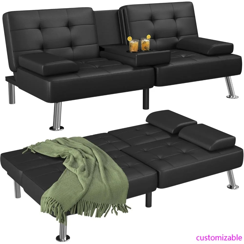 Modern Convertible Futon Sofa Bed with Folding Recliner and 2 Cup Holders, Removable Armrests