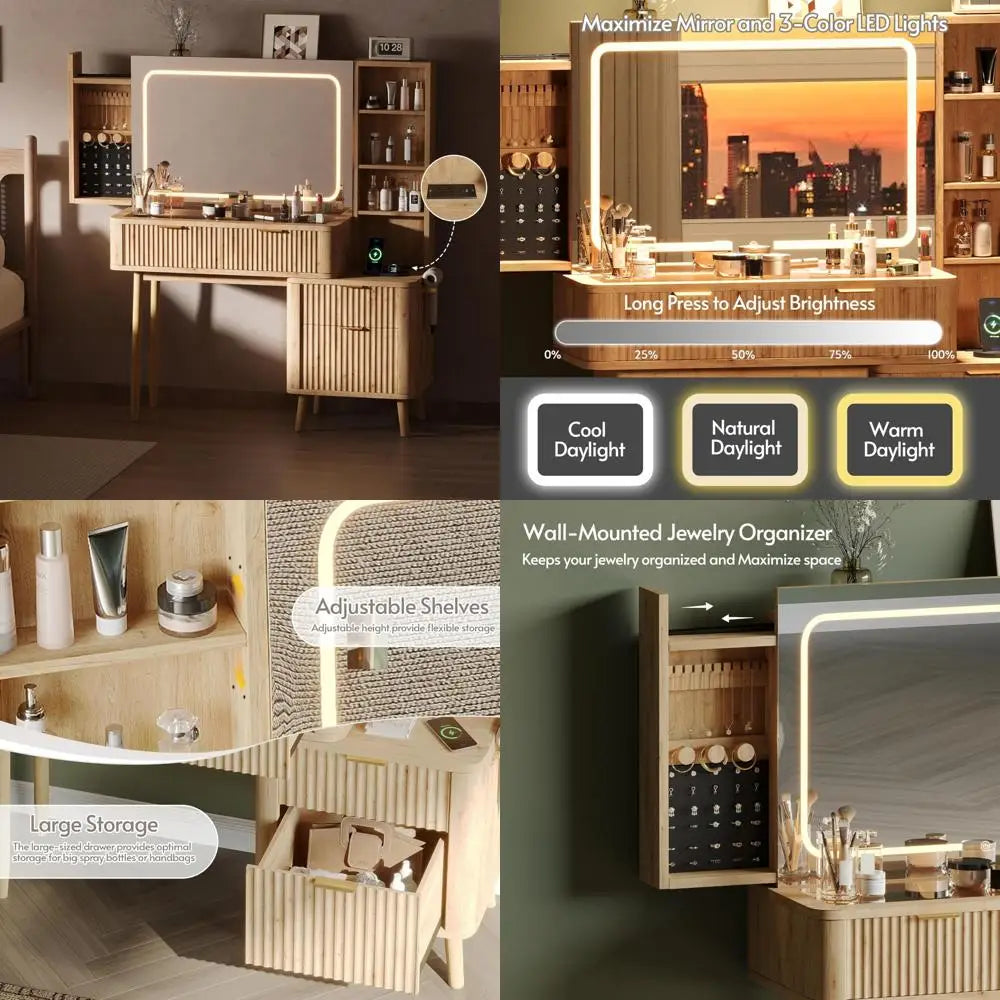 Elegant 48-inch Wooden Makeup Desk with Clear Glass Top, Illuminated Vanity Mirror, and Wall-Mounted Jewelry Holder