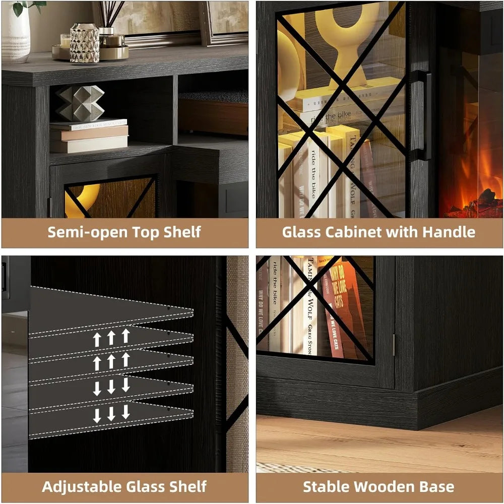 Electric Fireplace TV Stand for 55/65/75 Inch TVs, 3-Sided Glass Fireplace Media Console with LED Lights, Glass Doors, Power Outlets