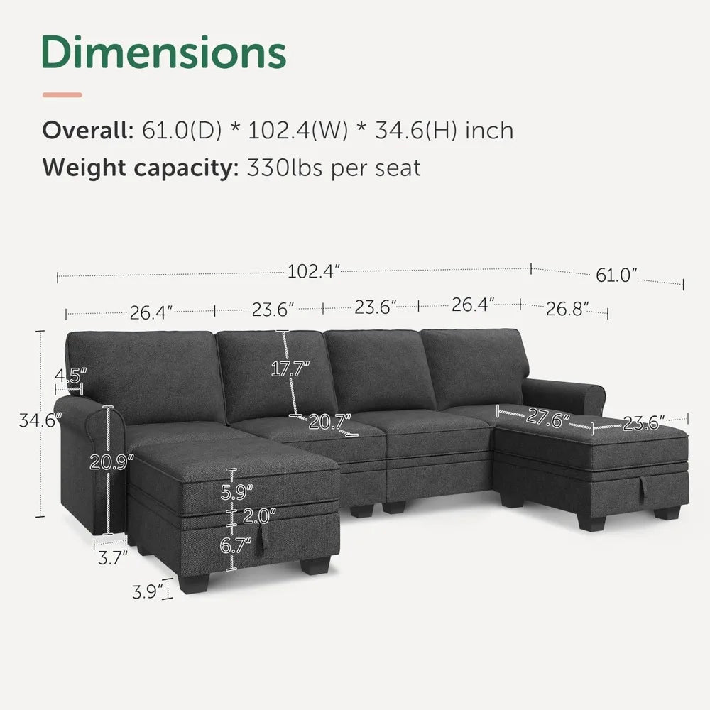U-Shaped Sectional Sofa with Storage and Reversible Chaise