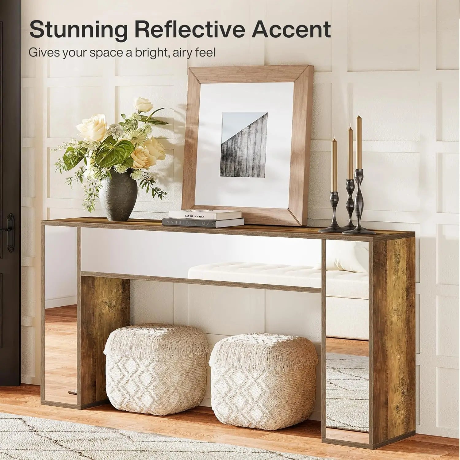 63" Mirrored Console Table for Entryway, Farmhouse Wood Sofa Table Behind Couch In Living Room