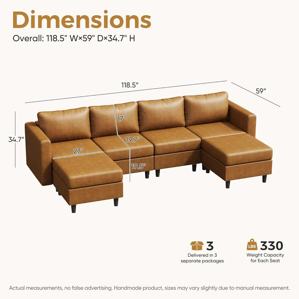 Oversized Modular Sectional Sofa, 118.5" Faux Leather/ 6 Seater U Shaped Couch with Movable Ottoman and Storage Seat