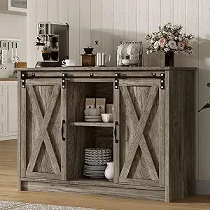 Farmhouse Coffee Bar Cabinet with Sliding Barn Door, 42” Coffee Bar Table with Adjustable Shelves, Buffet Cabinet with Storage