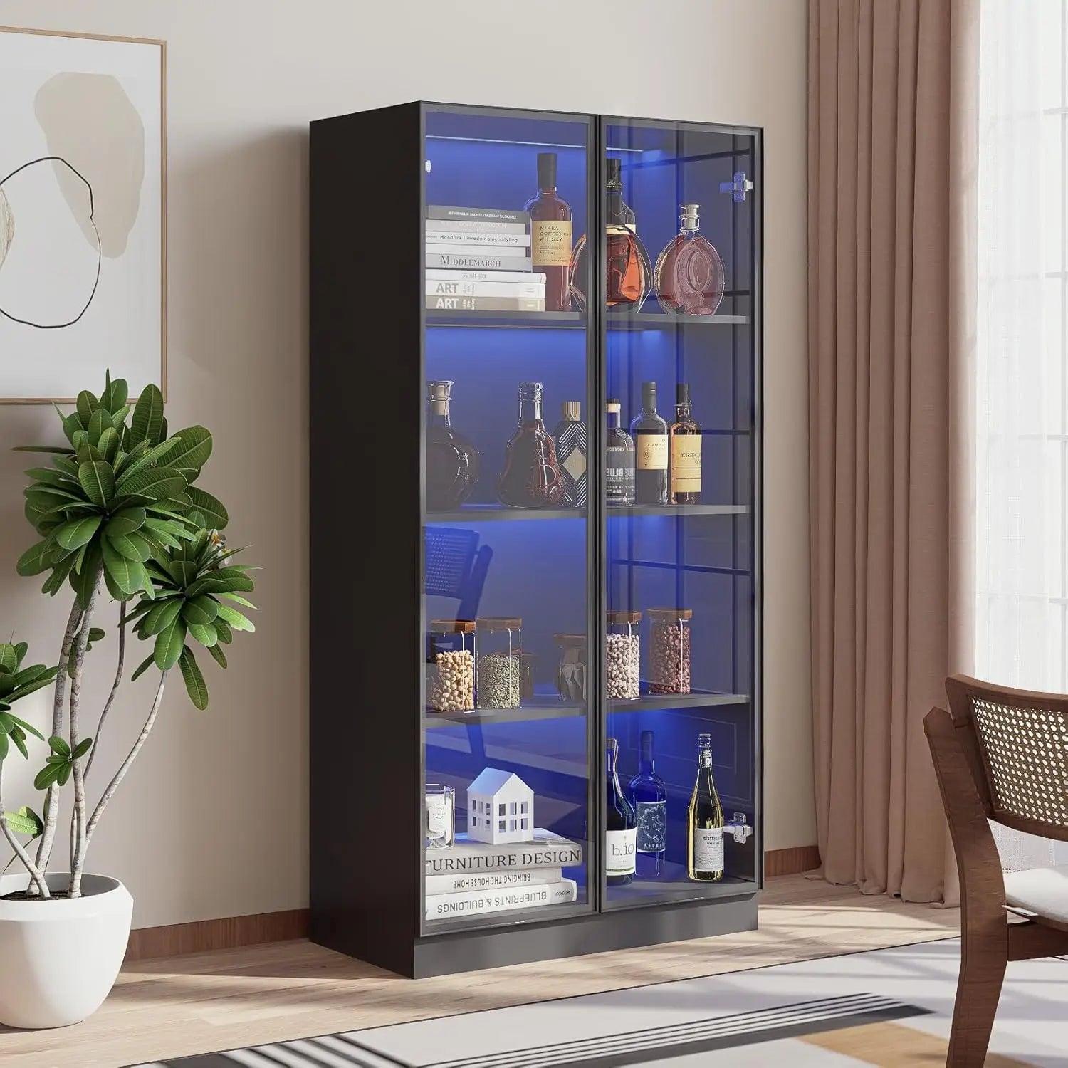 Glass Display Cabinet with LED Lights, Display Case Bookcase with 4-Tier Shelves, Curio Cabinet with 2 Glass Doors