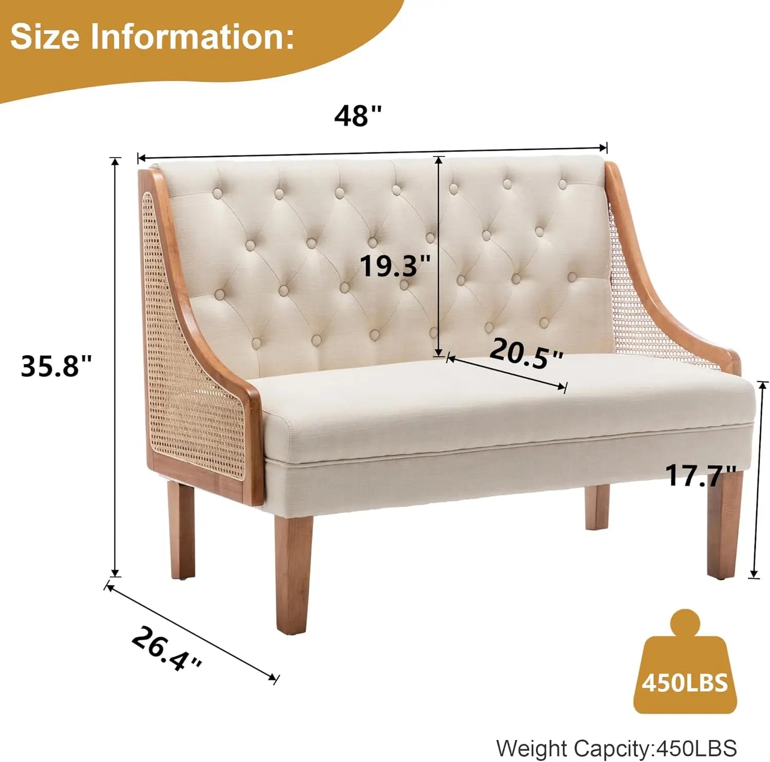 Loveseat Settee Bench with Natural Rattan Arms ,Upholstered Modern Mini Sofa Couch ,Banquette Dining Bench/Love Seat